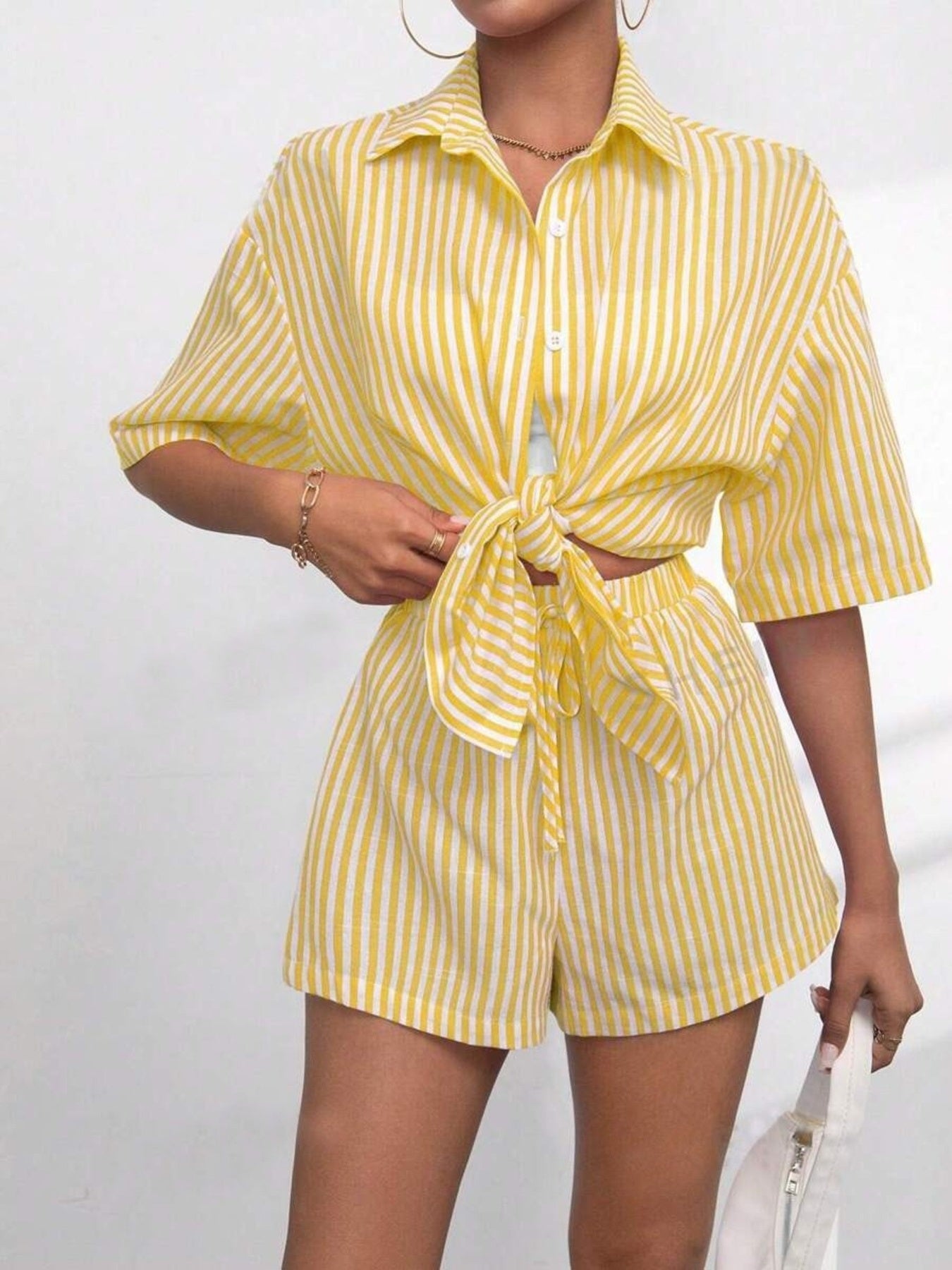Yellow Striped Button-Up Shirt and Shorts Set