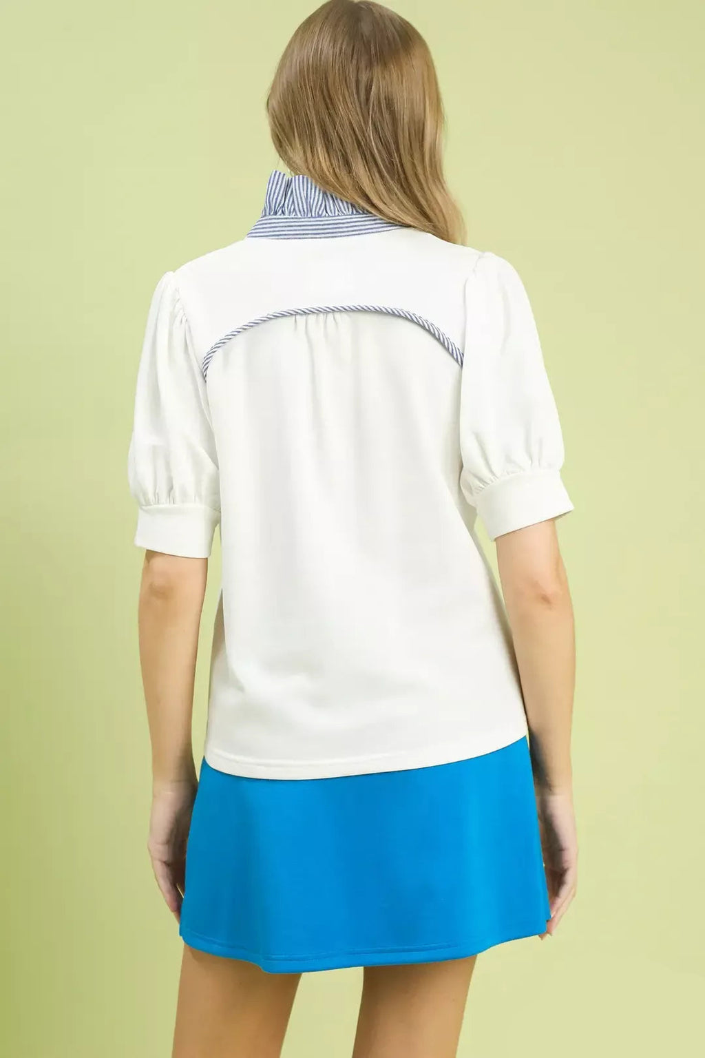 Striped collar popover top in white, front view