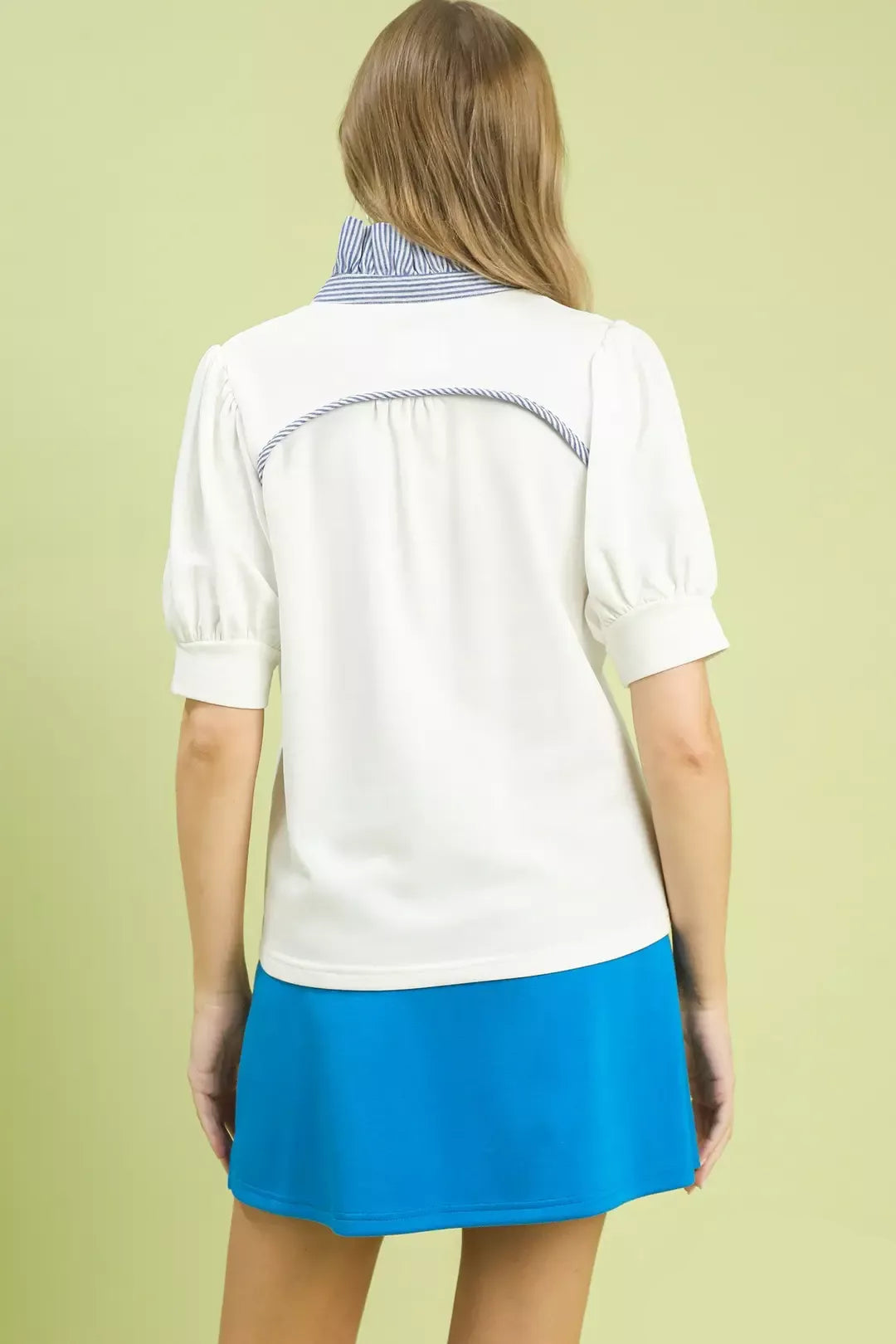 Striped collar popover top in white, front view