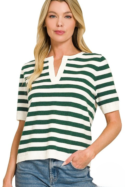 Hunter green striped split-neck sweater - front view