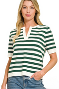 Hunter green striped split-neck sweater - front view