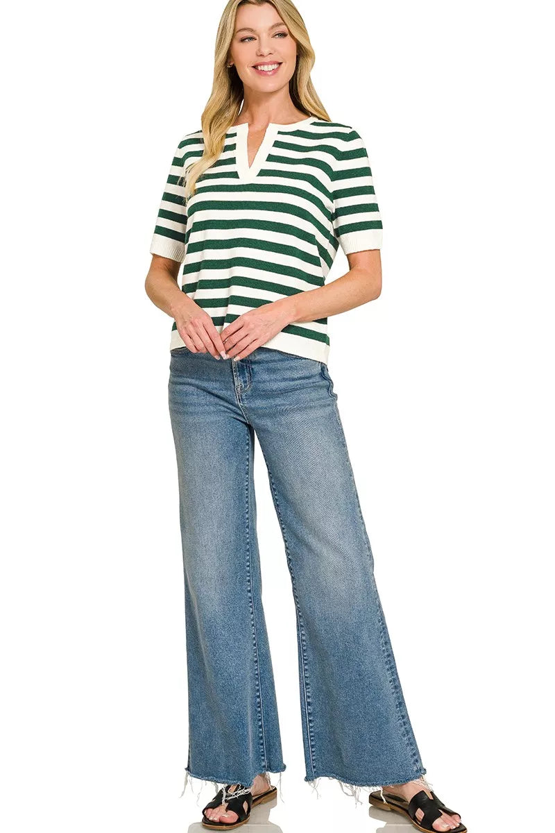 Hunter green striped split-neck sweater - front view