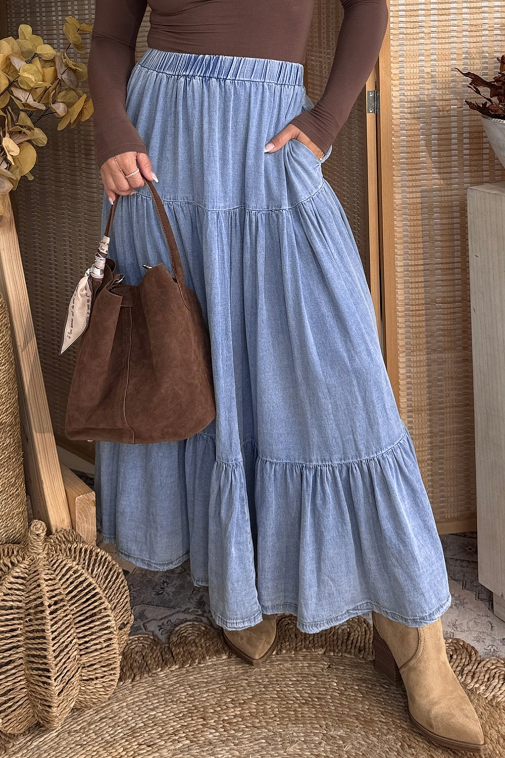 Dusty Blue Tiered Flared Maxi Skirt