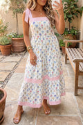 White floral tiered midi dress with tie-shoulder straps - Lilagrey