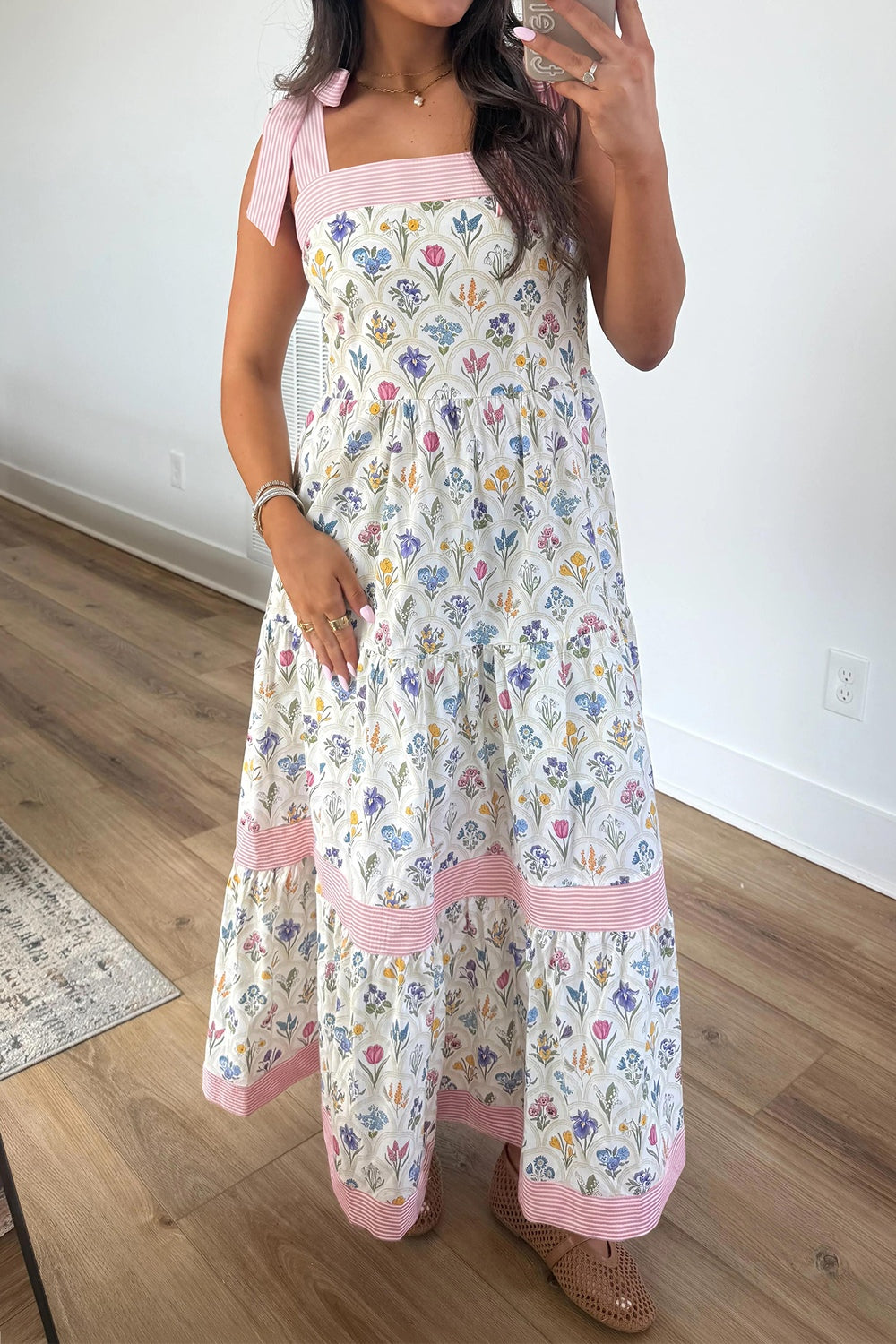 White floral tiered midi dress with tie-shoulder straps - Lilagrey