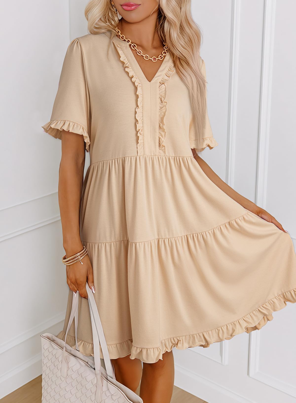 Lilagrey Tiered Mini Dress in beige, front view