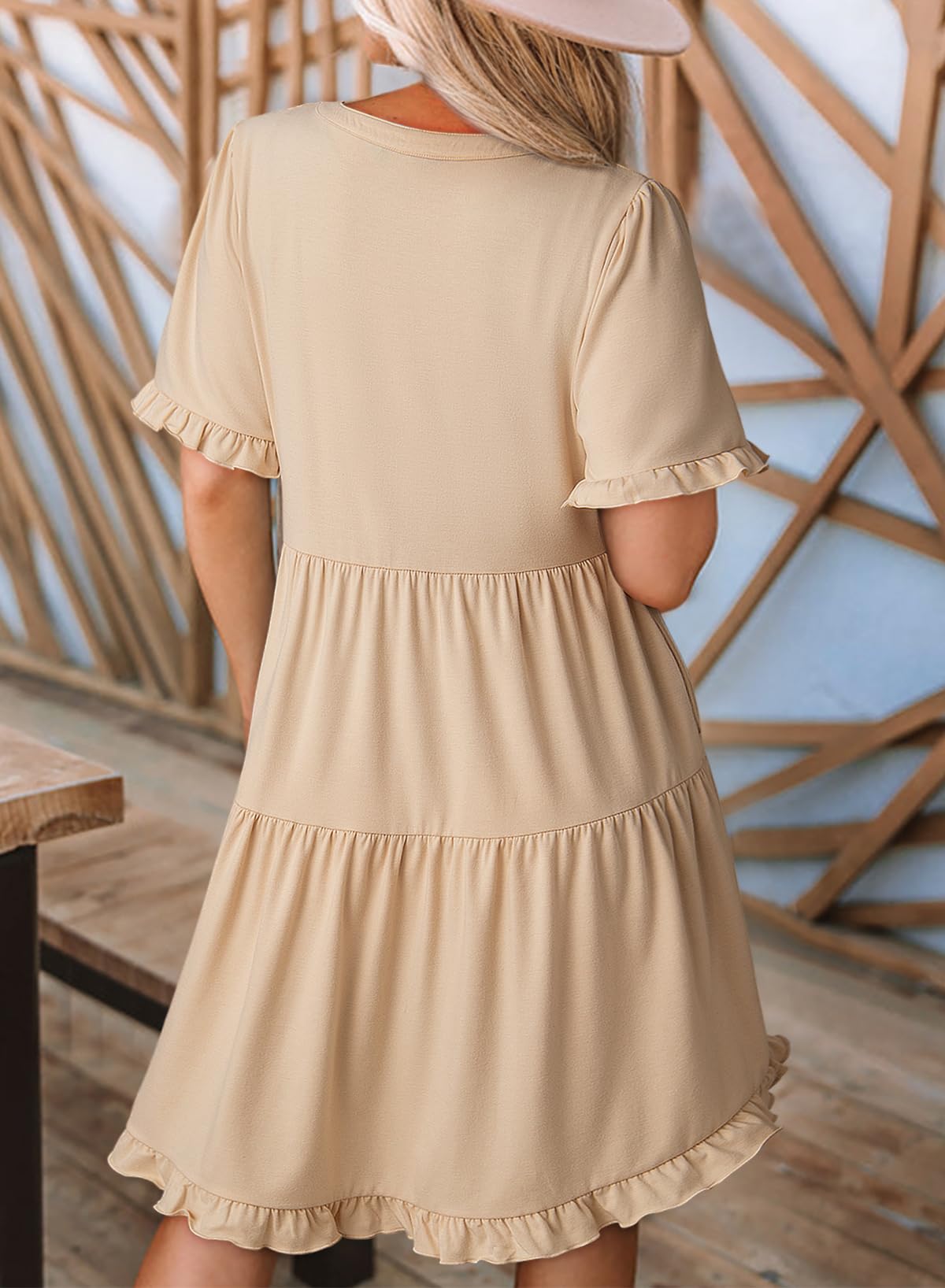 Lilagrey Tiered Mini Dress in beige, back view
