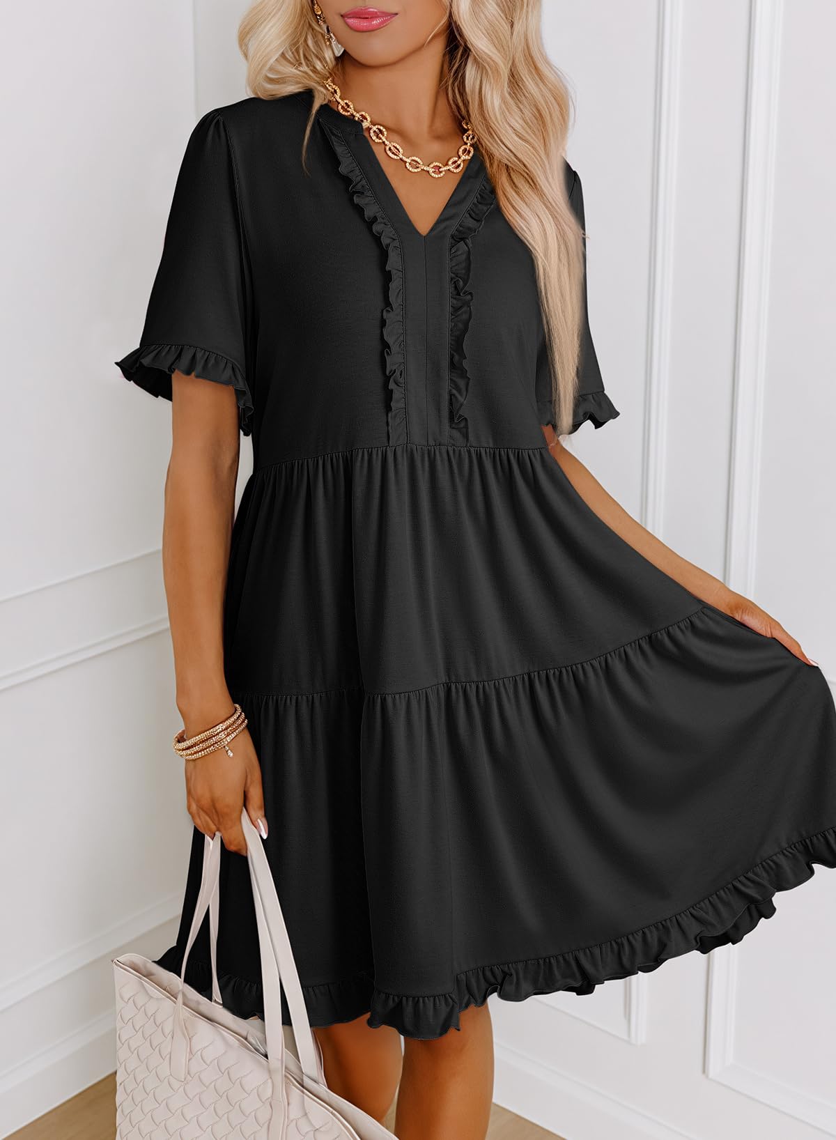Lilagrey Tiered Mini Dress in black, front view