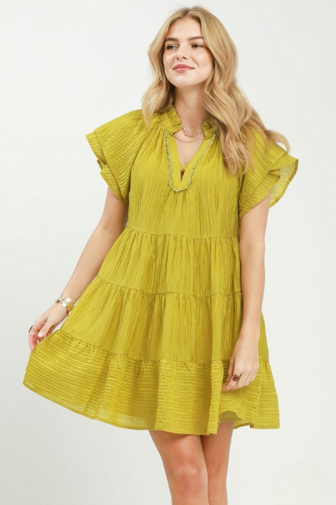 Tiered ruffle sleeve textured mini dress in avocado