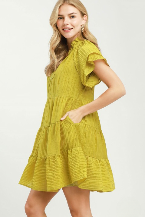 Tiered ruffle sleeve textured mini dress in avocado