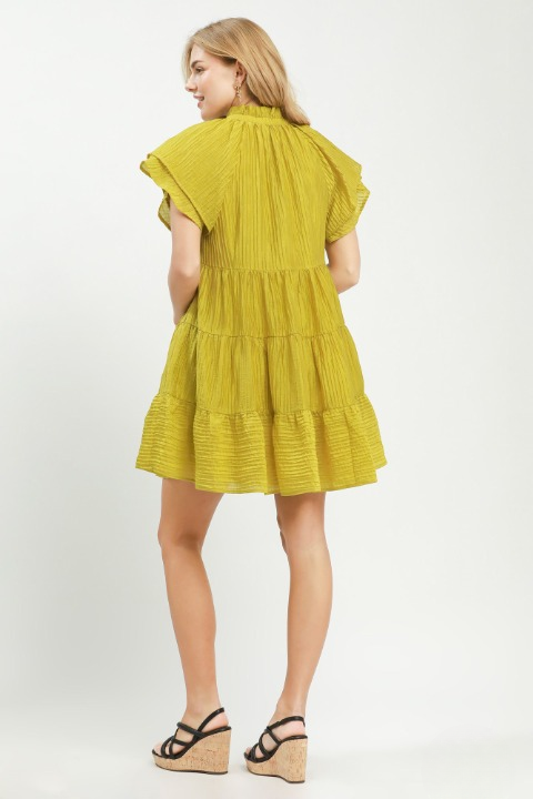 Tiered ruffle sleeve textured mini dress in avocado