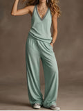 Gray v-neck tank and wide-leg pants set - front view