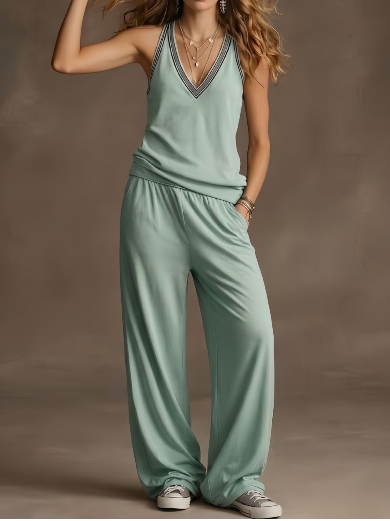 Gray v-neck tank and wide-leg pants set - front view