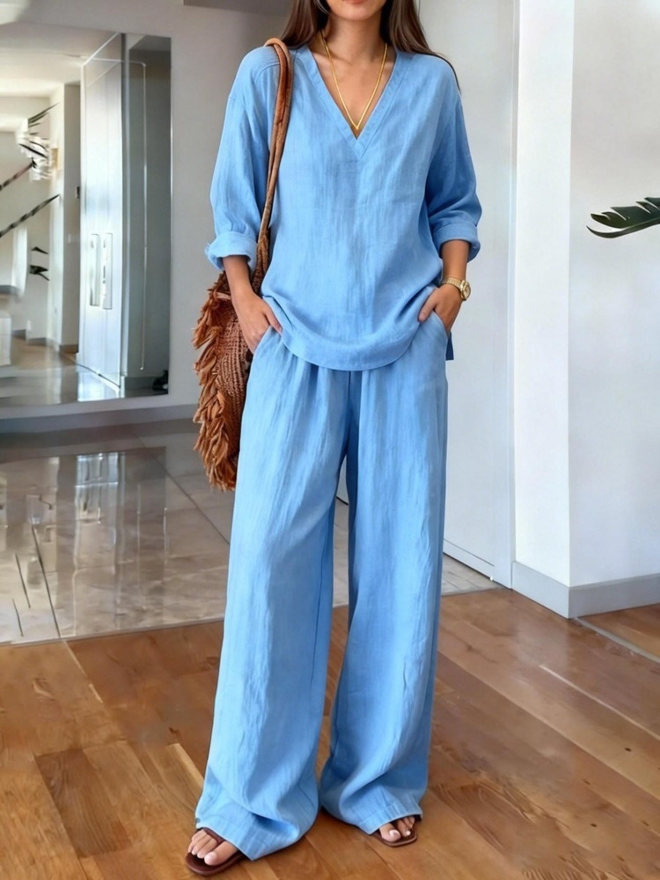 Blue v-neck top and wide-leg pants set - front view