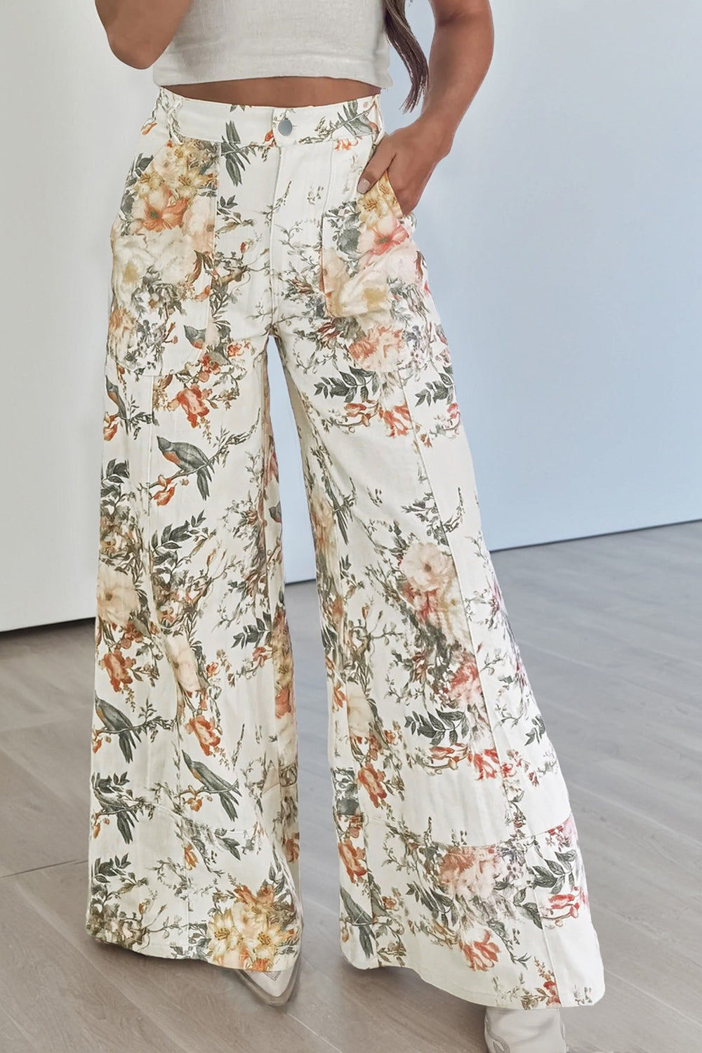 Beige floral print high waist wide leg jeans, front view