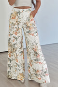 Beige floral print high waist wide leg jeans, front view