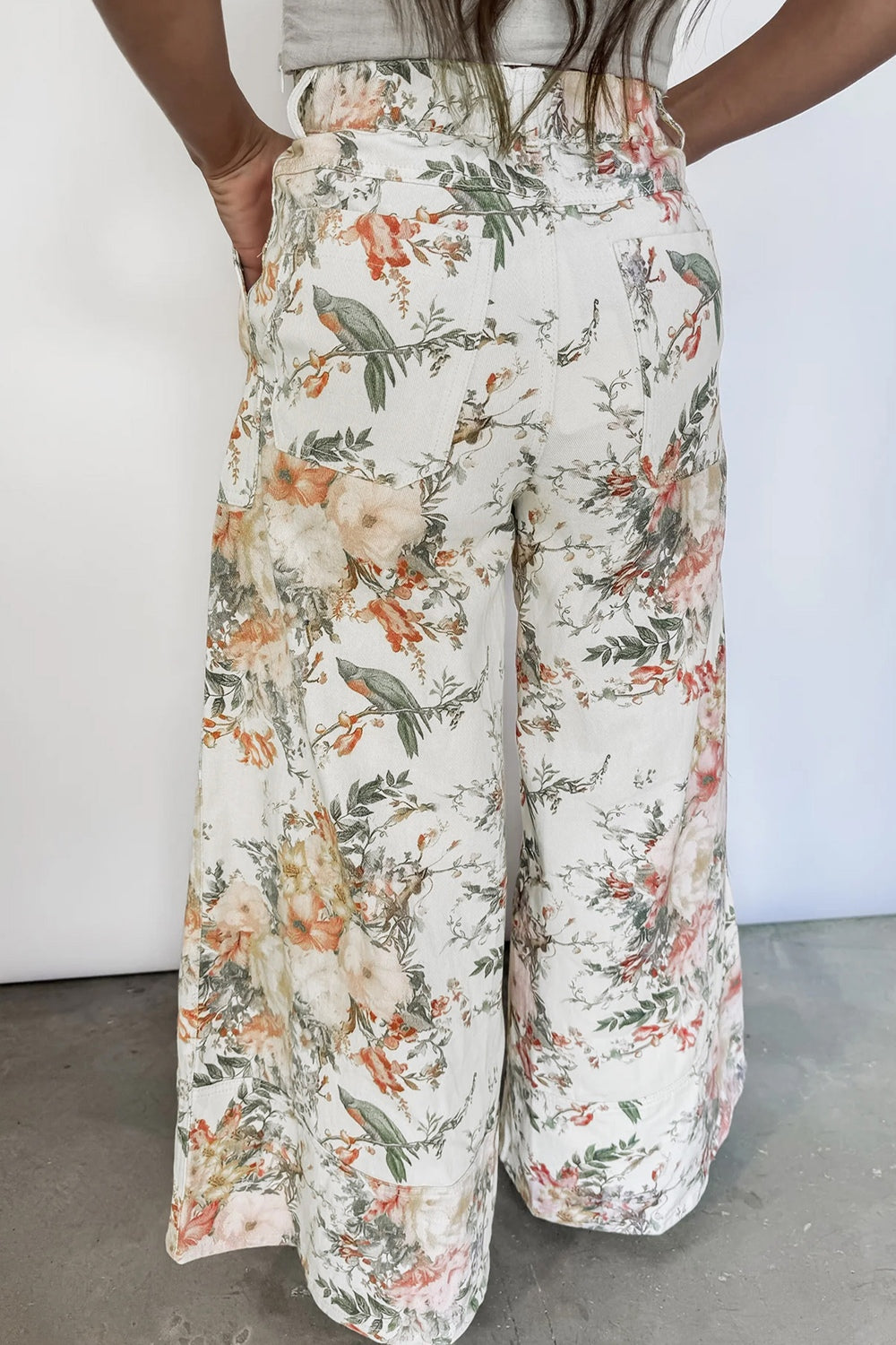 Beige floral print high waist wide leg jeans
