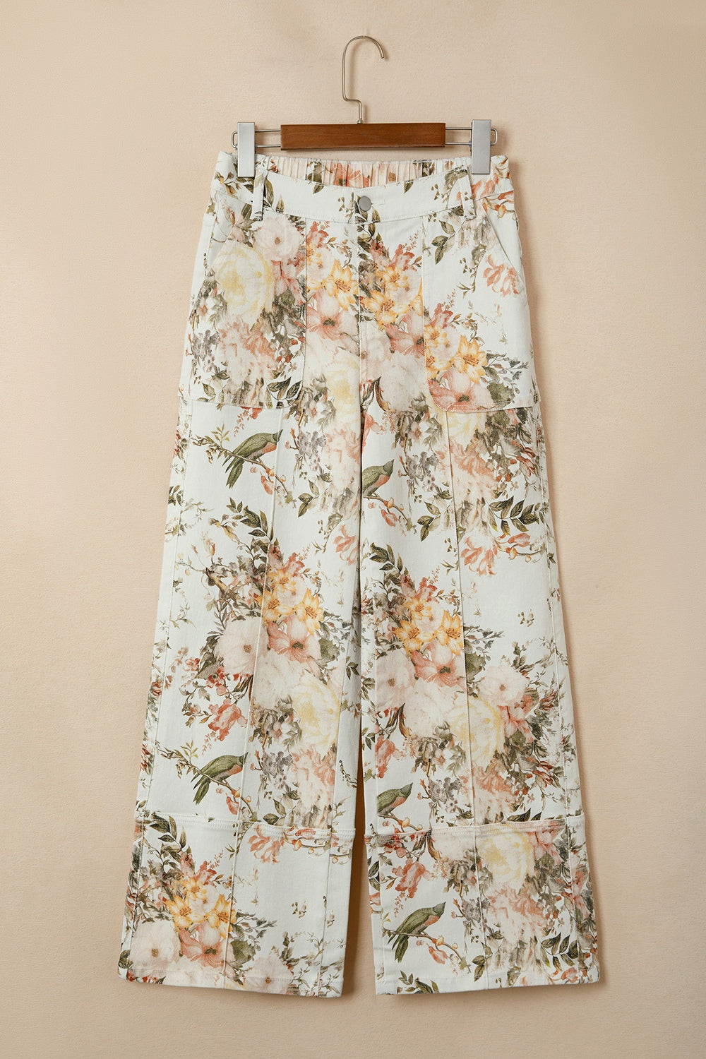Beige floral print high waist wide leg jeans