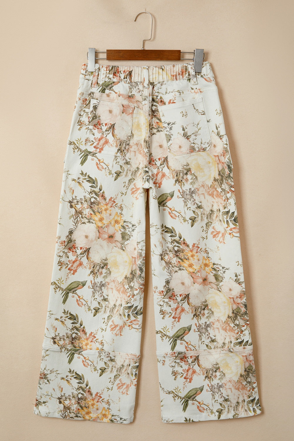 Beige floral print high waist wide leg jeans