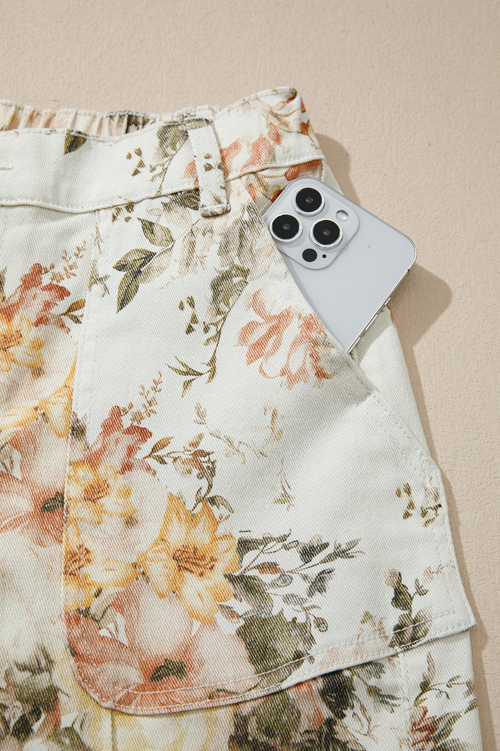 Beige floral print high waist wide leg jeans