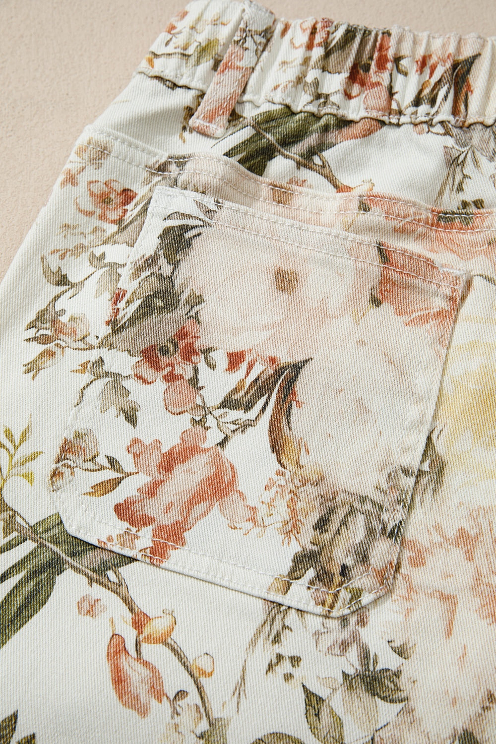 Beige floral print high waist wide leg jeans