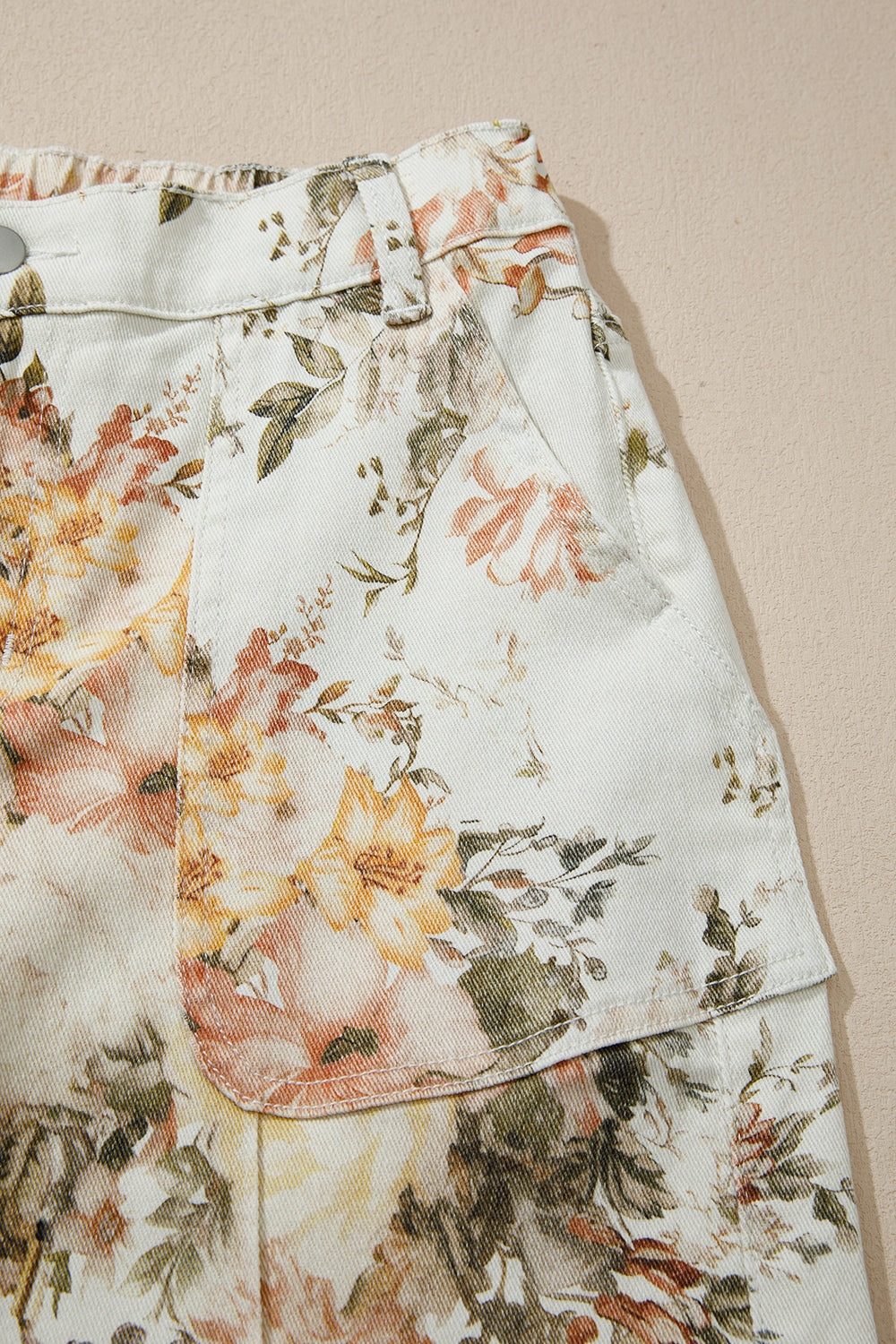 Beige floral print high waist wide leg jeans