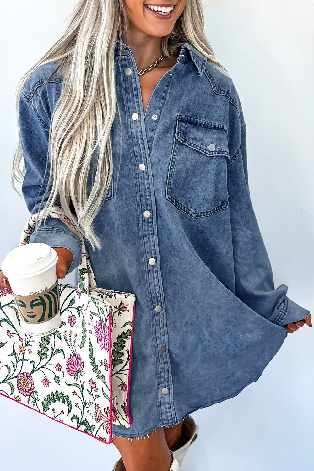 Medium wash button-down denim shirt dress with collar and chest pocket