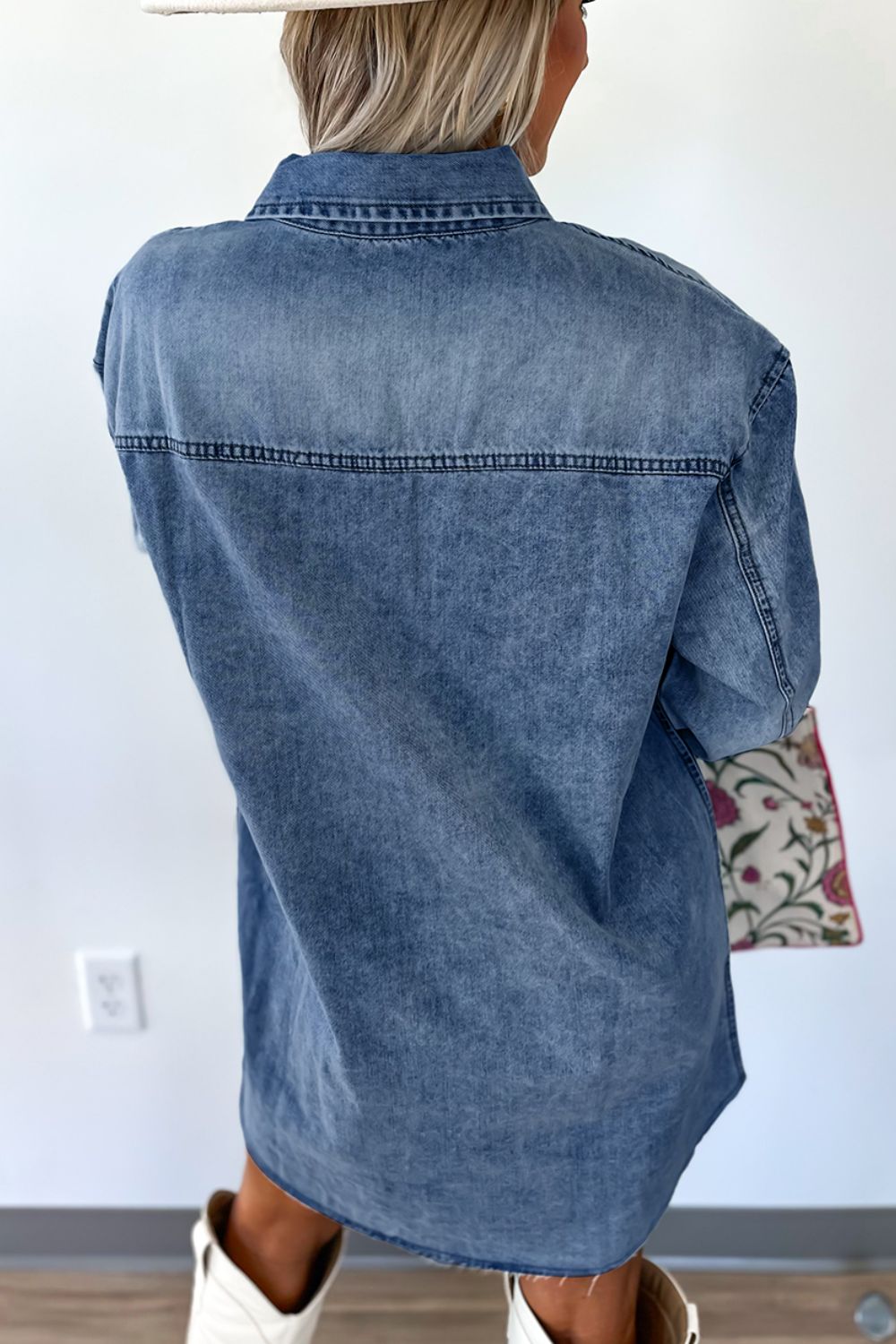 Medium wash button-down denim shirt dress with collar and chest pocket