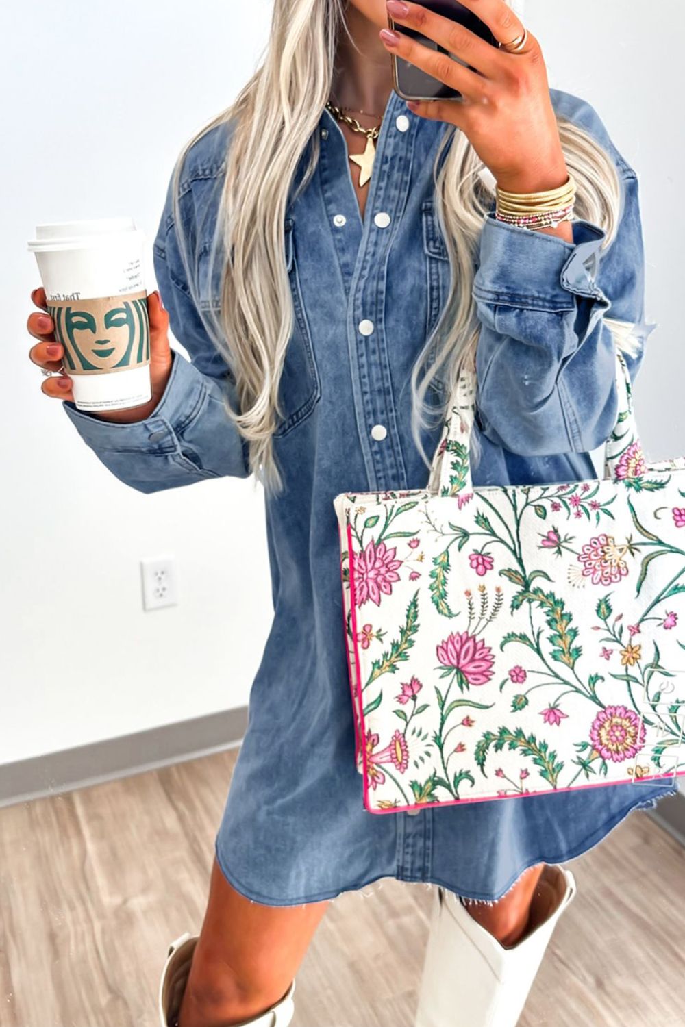 Medium wash button-down denim shirt dress with collar and chest pocket