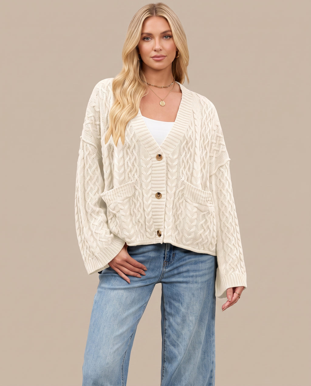 Watermelon white cable knit cardigan, front view