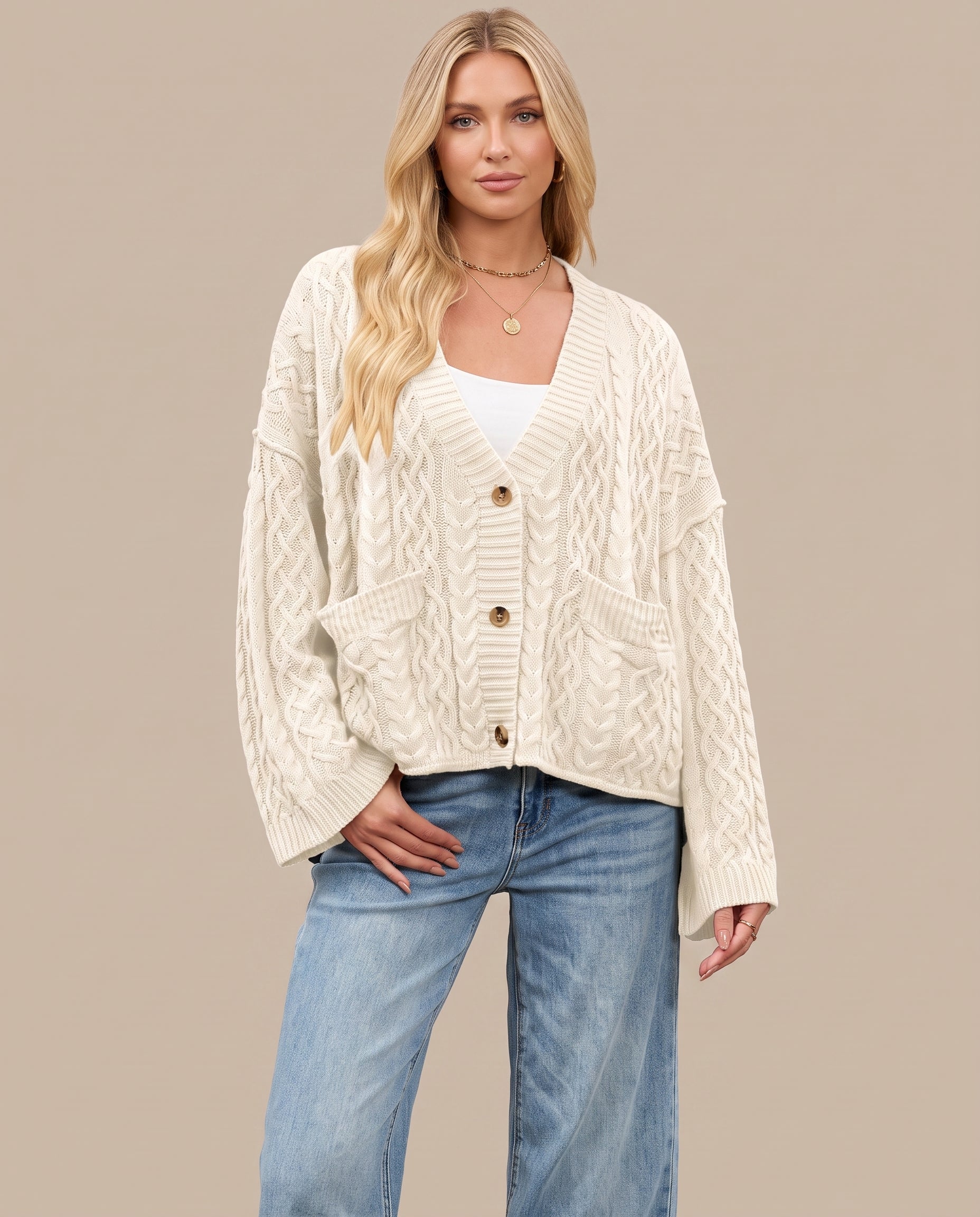 Watermelon white cable knit cardigan, front view