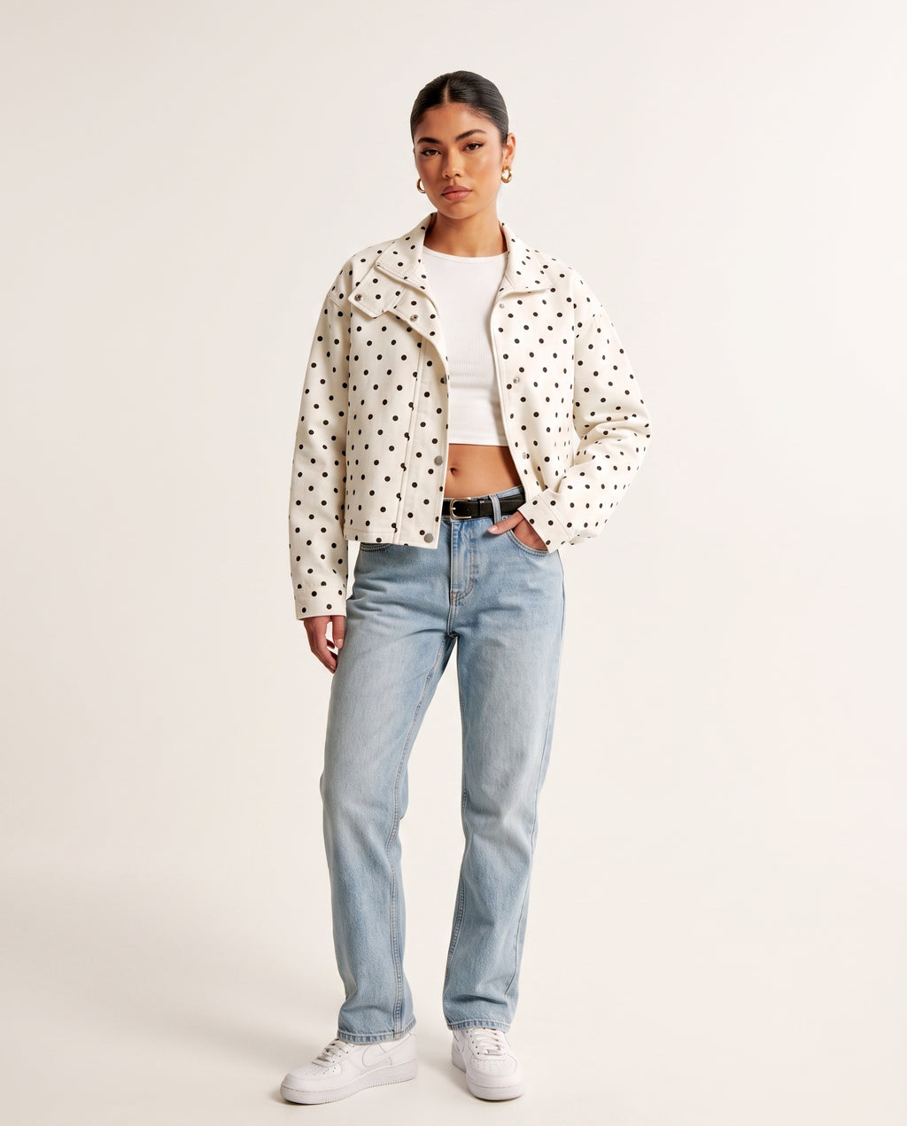  White polka dot cropped jacket, front view