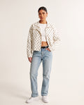  White polka dot cropped jacket, front view