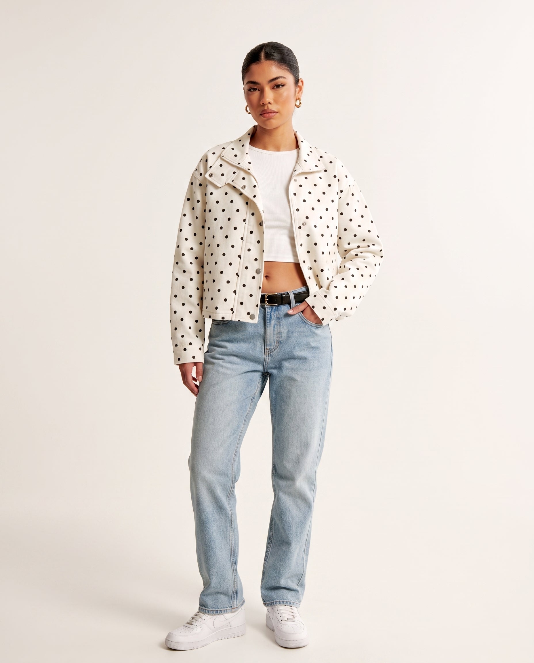  White polka dot cropped jacket, front view