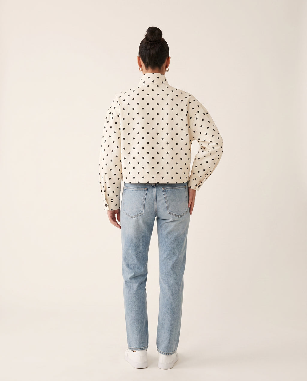 White polka dot cropped jacket, back view