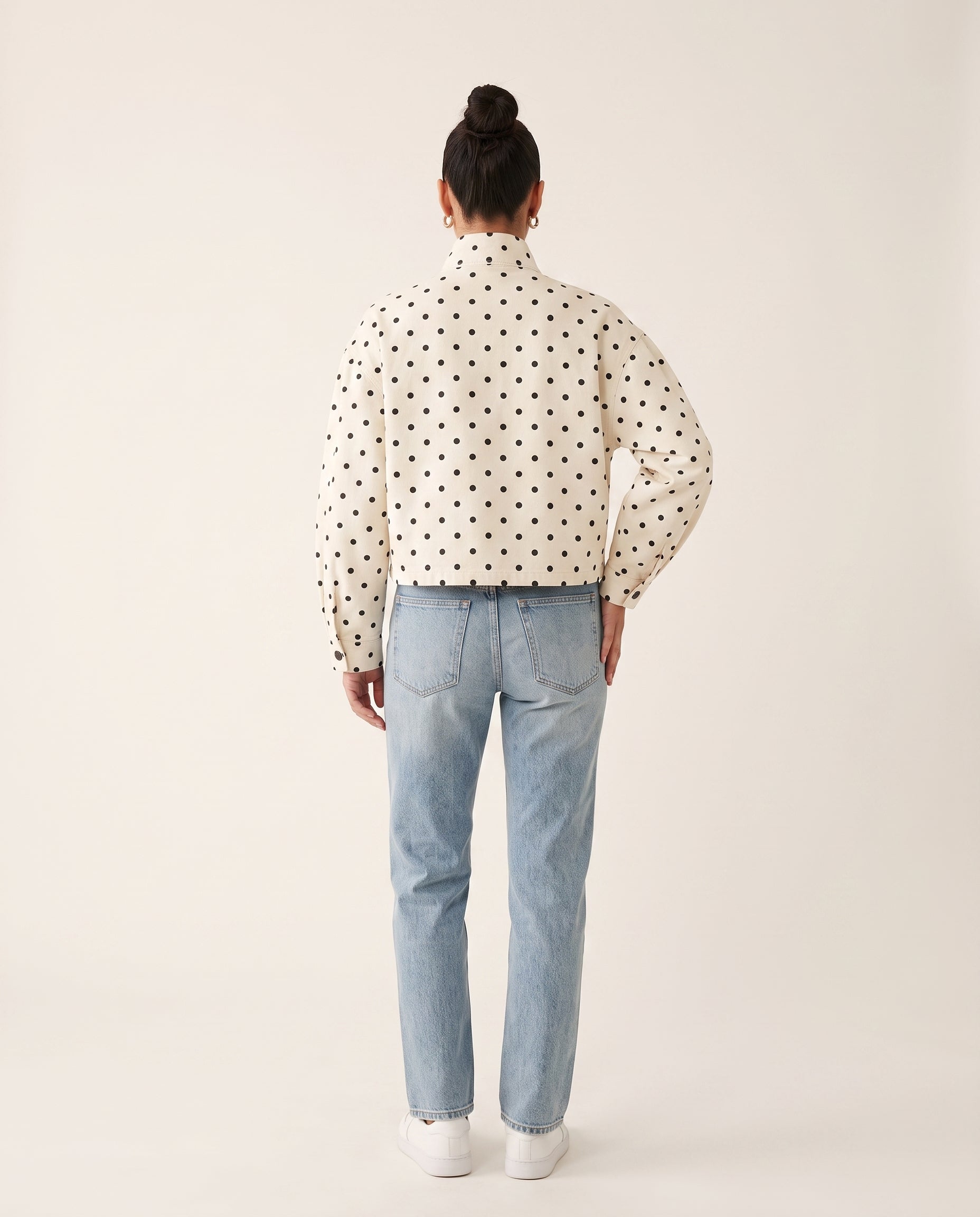 White polka dot cropped jacket, back view