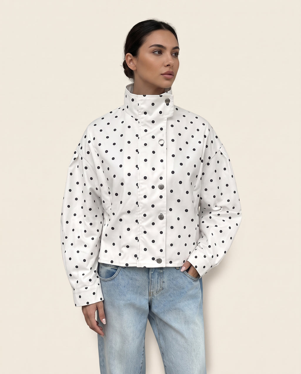  White polka dot cropped jacket, front view
