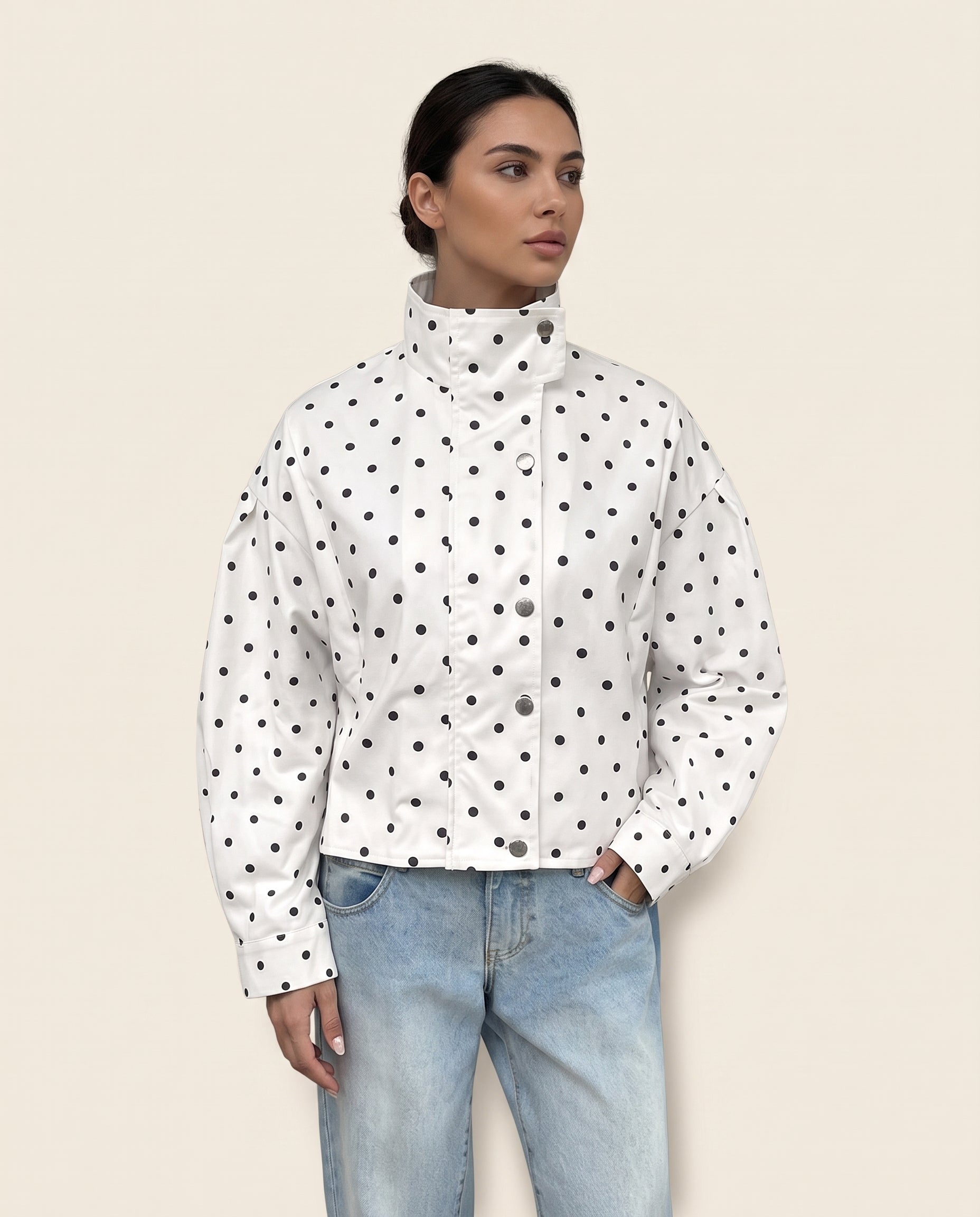  White polka dot cropped jacket, front view