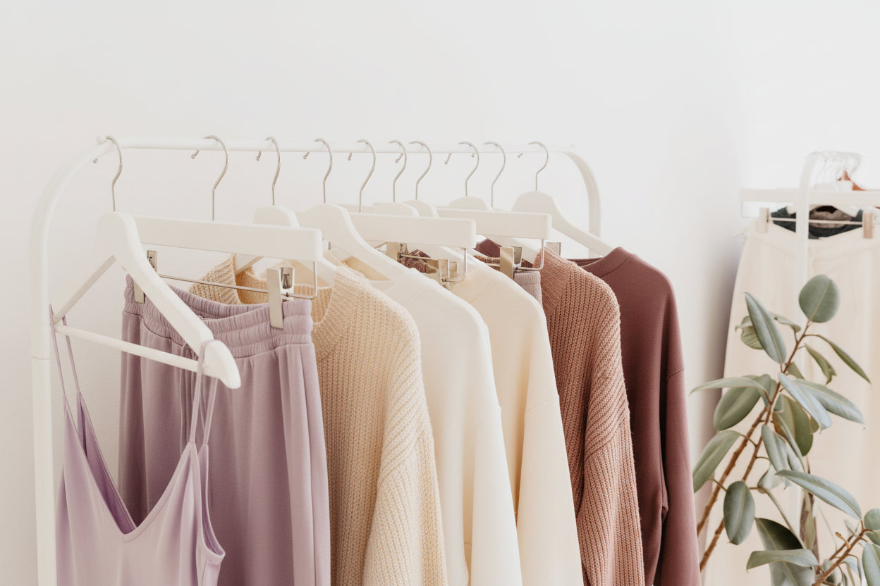 Lilac, cream, and blush knit tops and dresses on white hangers — Lilagrey women's apparel