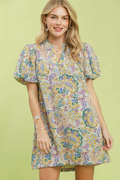 Paisley puff sleeve shift dress in blue