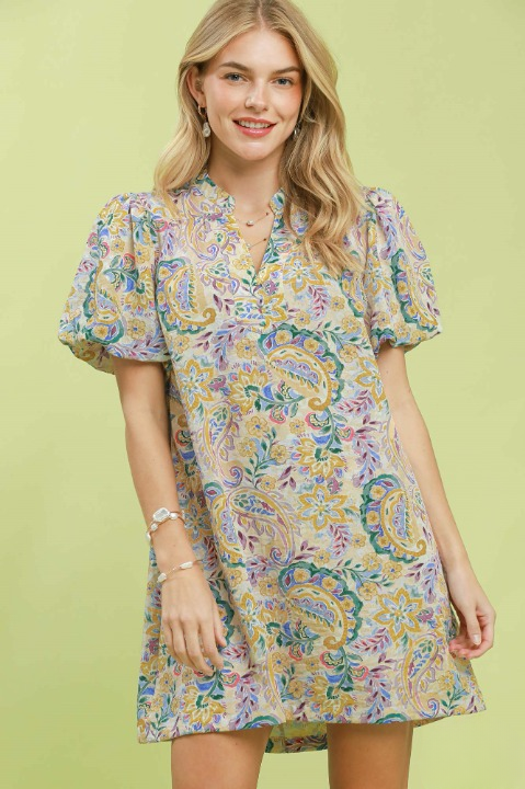 Paisley puff sleeve shift dress in blue
