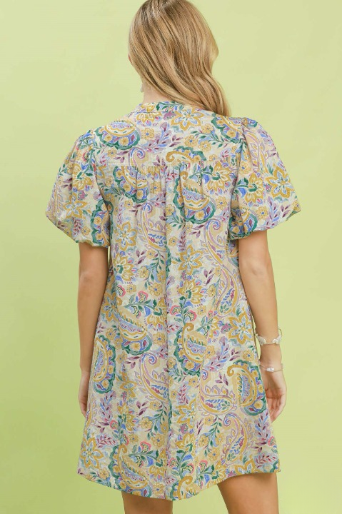 Paisley puff sleeve shift dress in blue