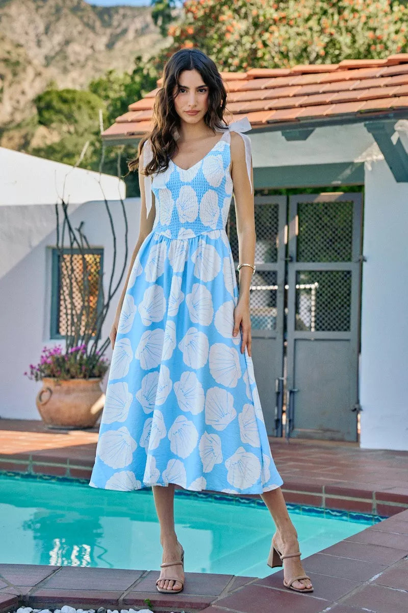 Shell print smocked midi dress in blue