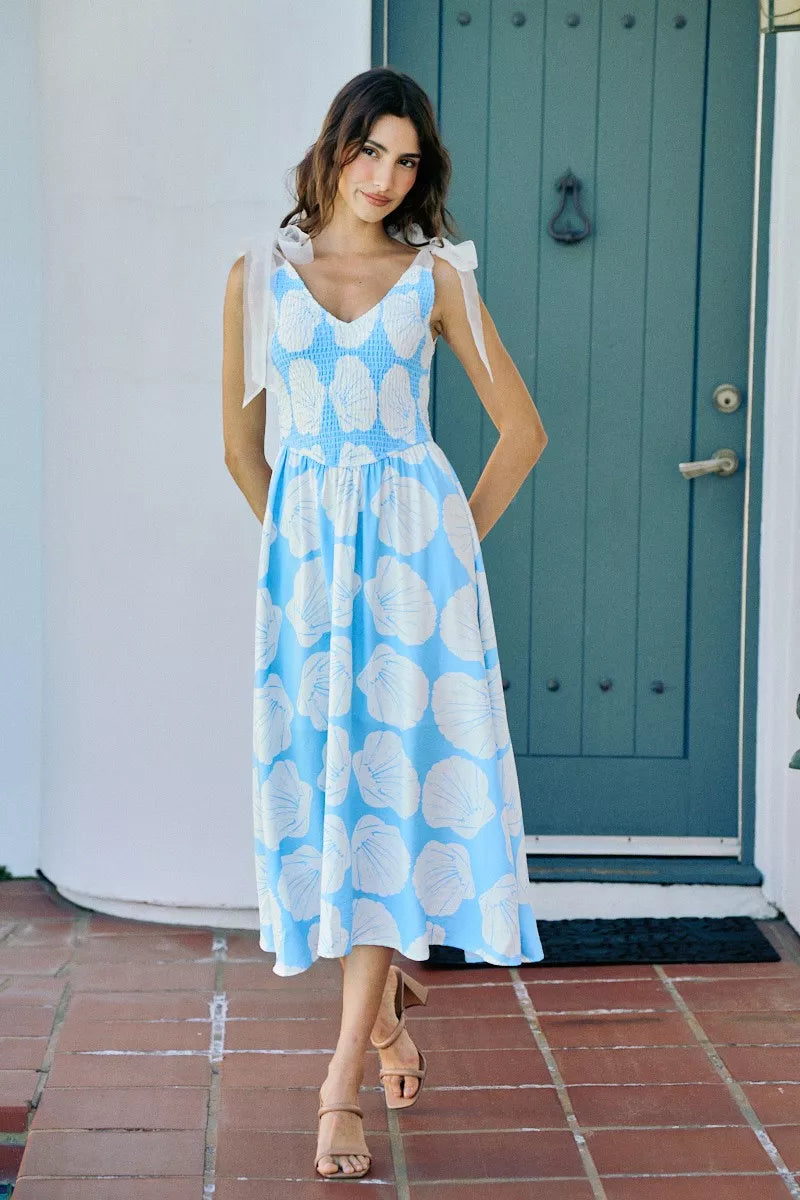 Shell print smocked midi dress in blue