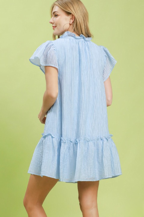 Textured ruffle hem mini dress in blue