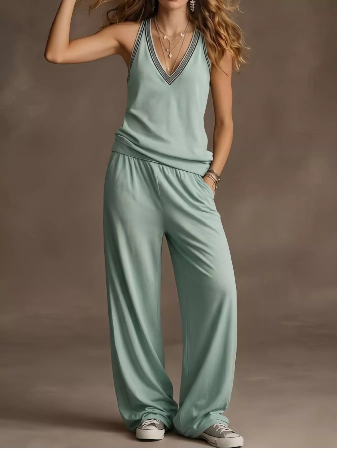V-neck tank top and wide leg pants set