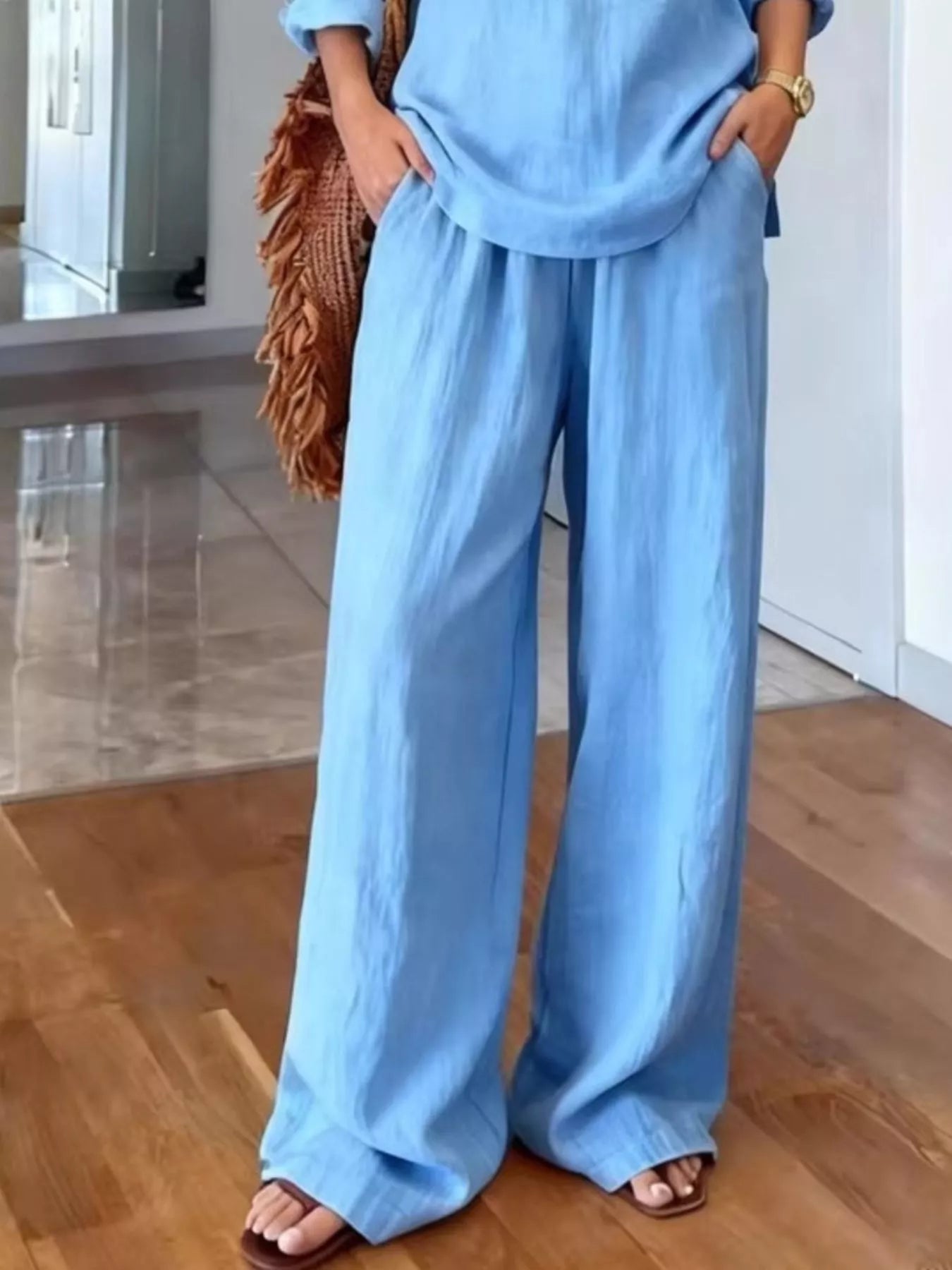 V-neck top and wide leg pants set