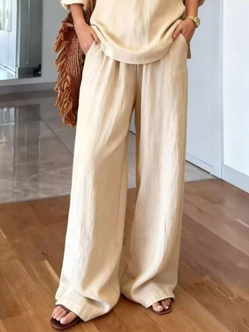 V-neck top and wide leg pants set