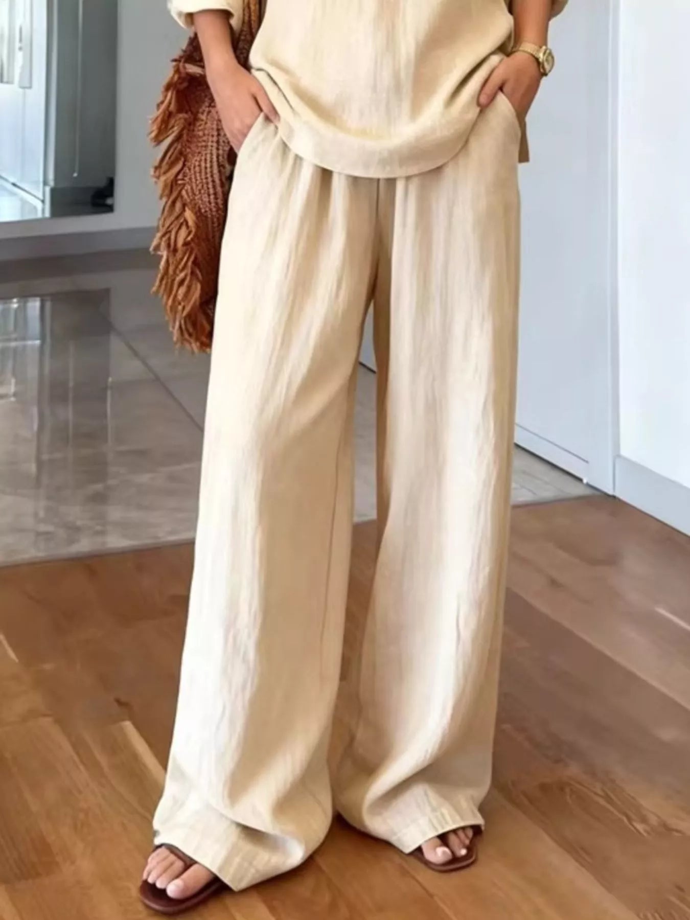 V-neck top and wide leg pants set
