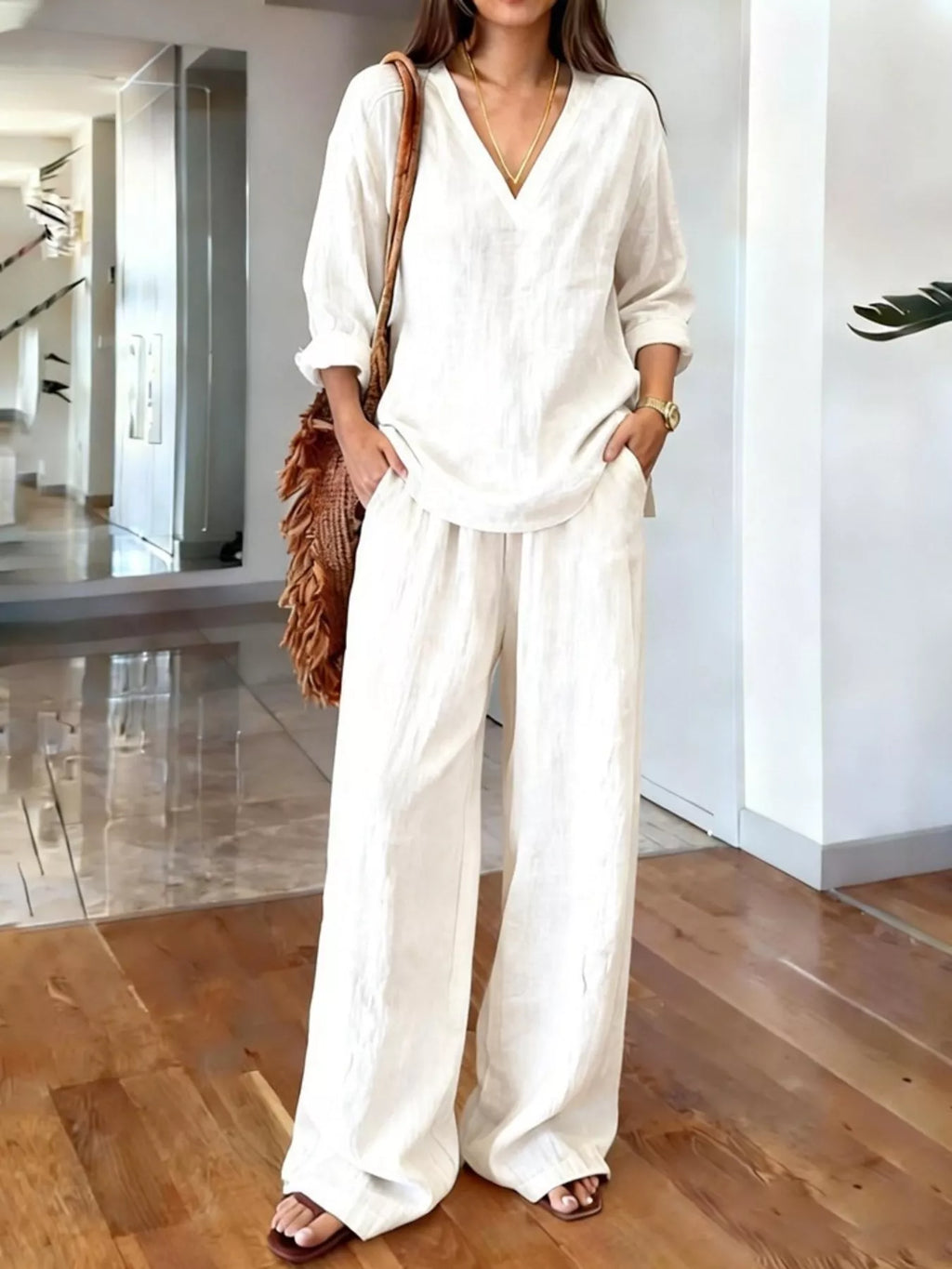 V-neck top and wide leg pants set